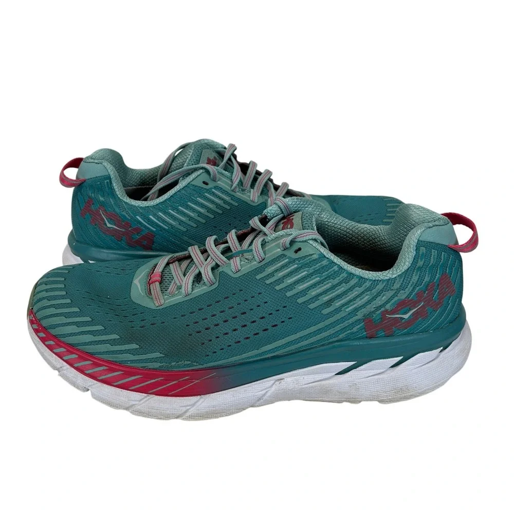 Hoka One One Clifton 5 Womens 9.5 Green Red Running Shoes 1093756 GSCN